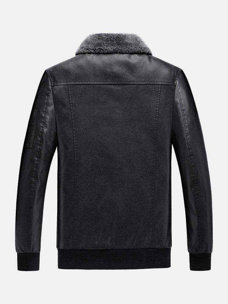 Mens Embroidered Faux Fur Collar PU Leather Bomber Jacket - Trendha