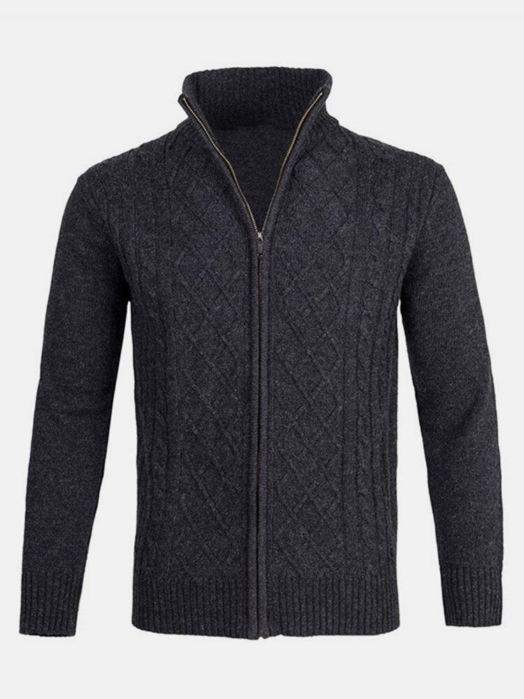 Mens Solid Color Cable Knitting Zipper Long Sleeve Warm Cardigans - Trendha