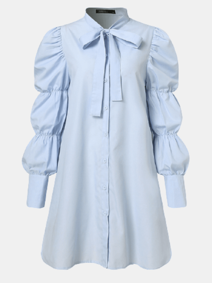 Solid Color Stand Color Puff Sleeve Button Urban Style Pleated Shirt Dress - Trendha