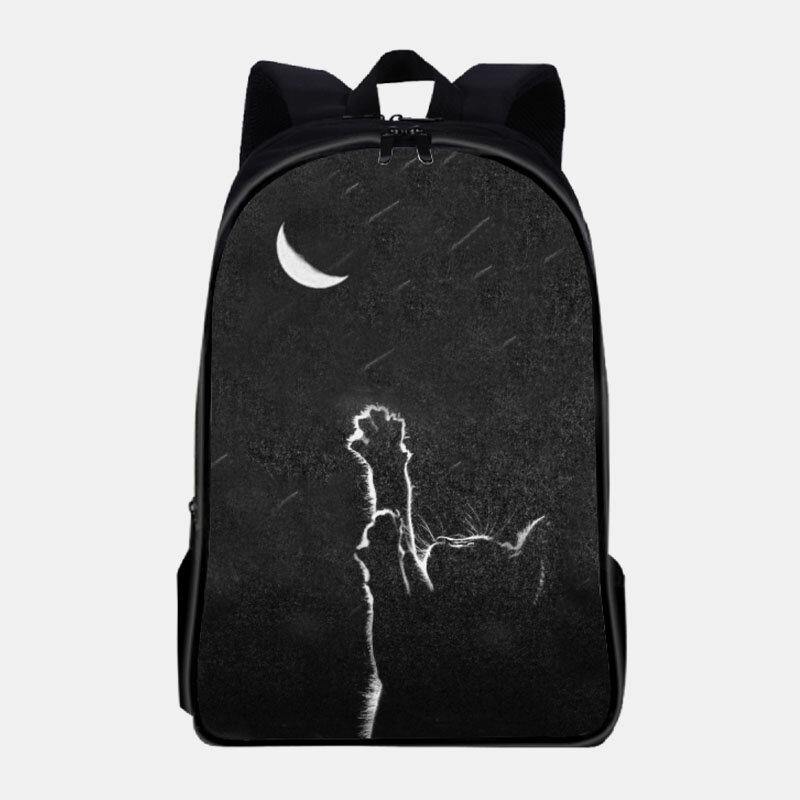 Women Oxford Cloth Casual Cute Black Cat Back View and Moon Printing School Bag Backpack - Trendha