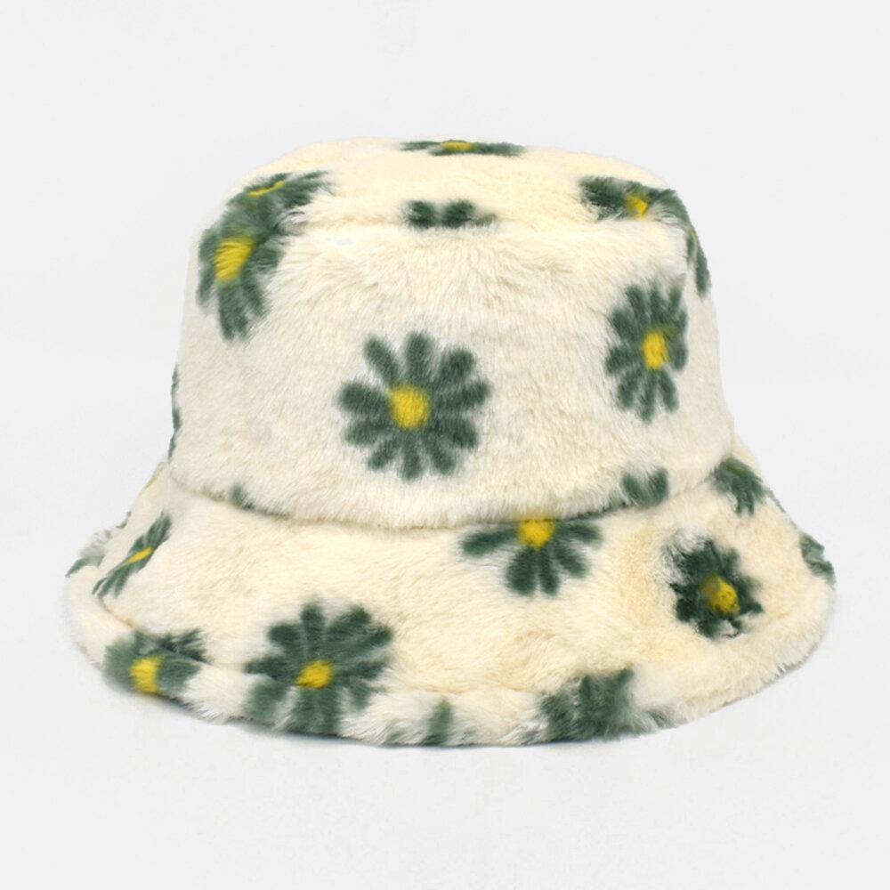 Women Lamb Hair Soft Warm Plus Thicken Casual All-match Cute Daisy Flower Pattern Bucket Hat - Trendha