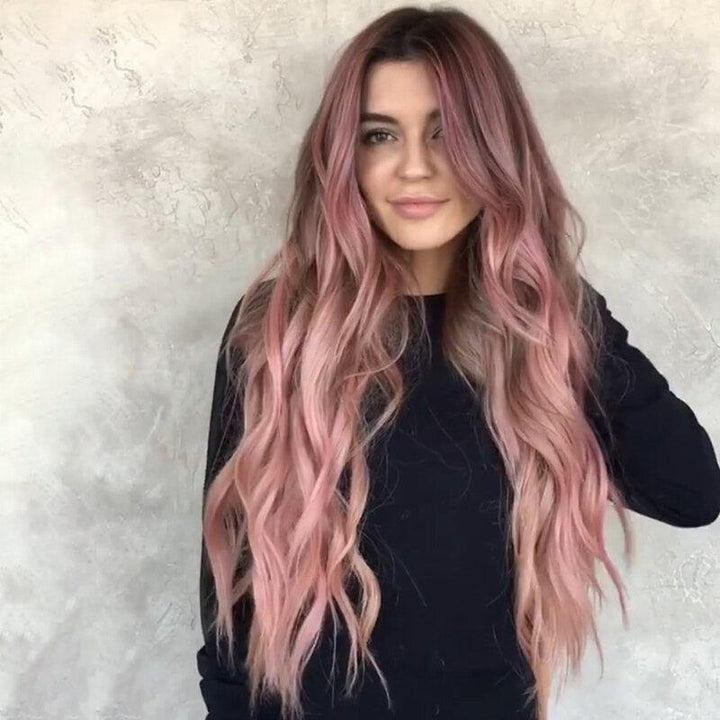 Pink Gradient Long Curly Hair High Temperature Fiber Fluffy Breathable Bangs Wigs - Trendha