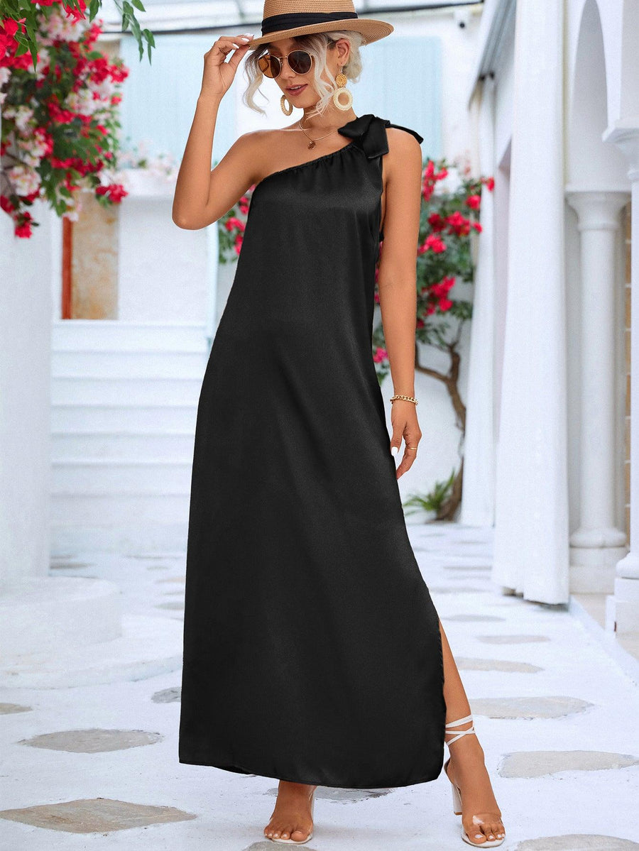 One-Shoulder Slit Maxi Dress - Trendha