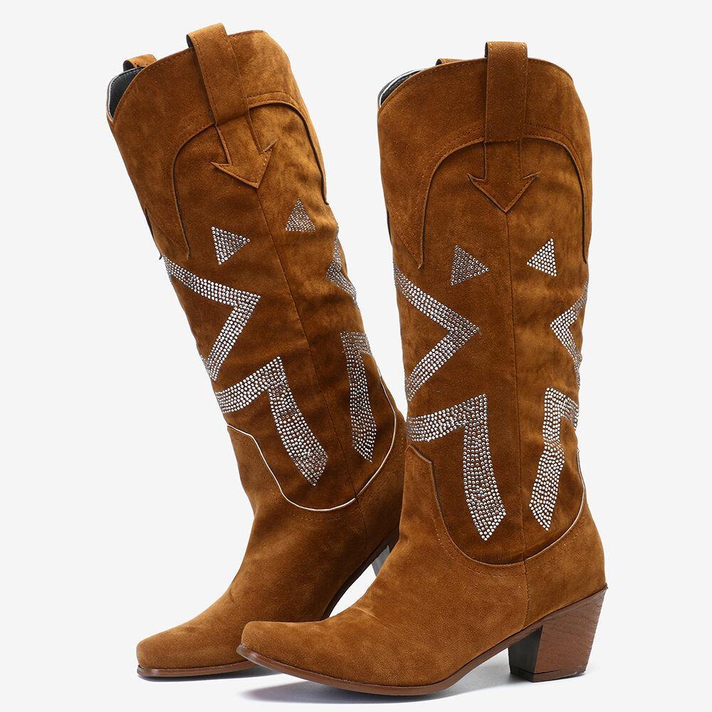Plus Size Women Suede Rhinestone Chunky Heel Knee Cowboy Boots - Trendha
