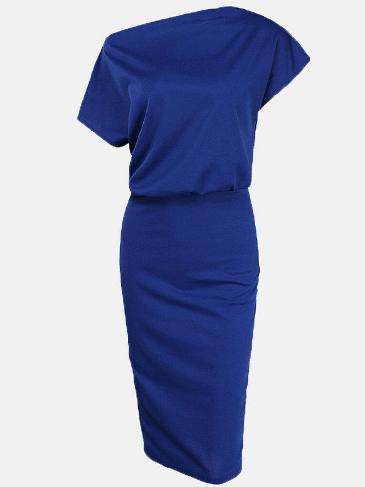 Women Solid Color Off Shoulder Elegant Bodycon Dress - Trendha
