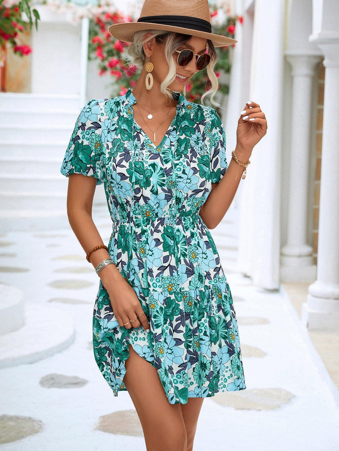 Floral Tie Neck Puff Sleeve Tiered Dress - Trendha