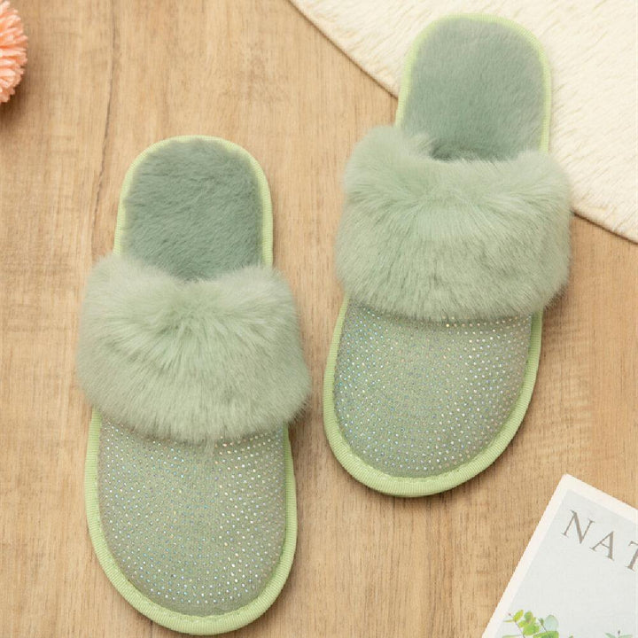 Women's Large Size Solid Color Rhinestone House Furry Slippers - Trendha