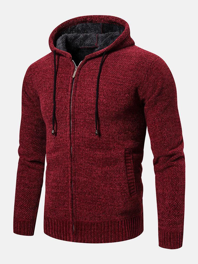 Mens Knitted Zipper Front Solid Color Warm Long Sleeve Hooded Sweater Hoodie Jacket - Trendha