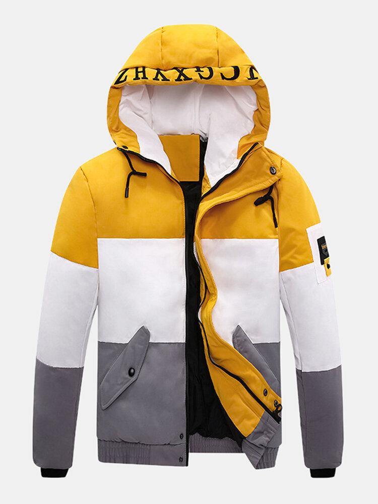 Mens Letter Print Color Block Patchwork Warm Hooded Puffer Jacket With Pocket - Trendha