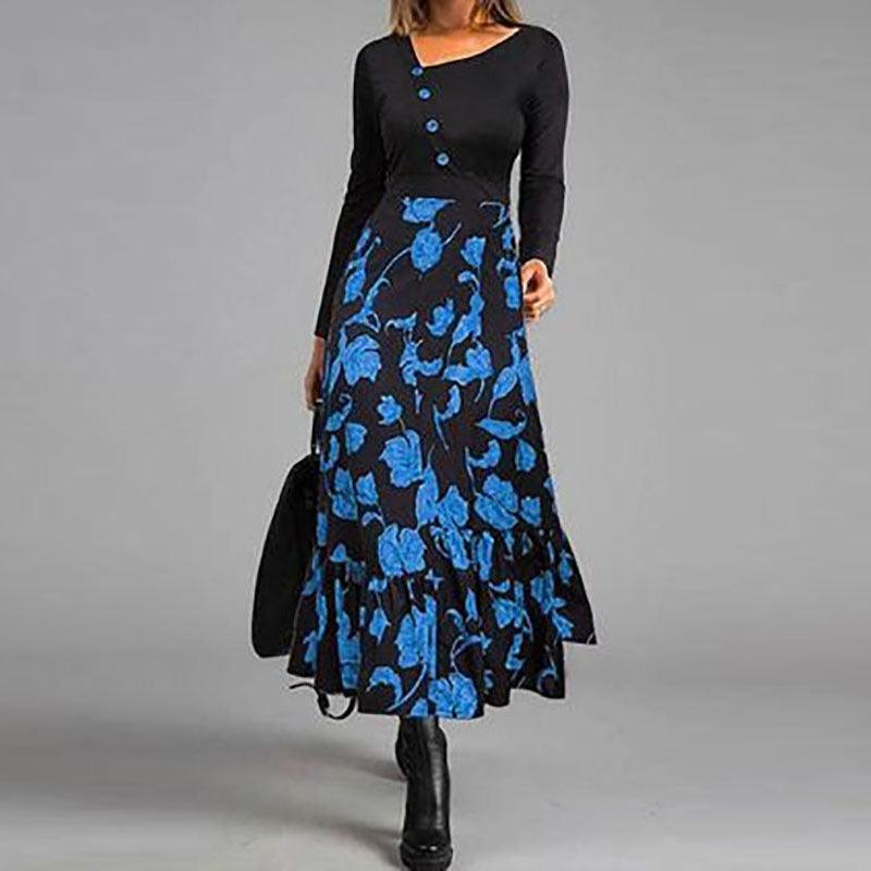 Elegant Patchwork Button Slim Waist Party Dress Retro Floral Print Long Sleeve Boho Dress Women Diagonal Collar Maxi Dress - Trendha