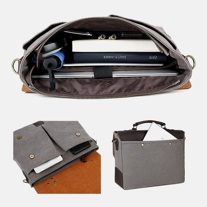 Men Canvas Large Capacity Cover Zipper Vintage Business Messenger Bag Laptop Bag Crossbody Bag Handbag - Trendha