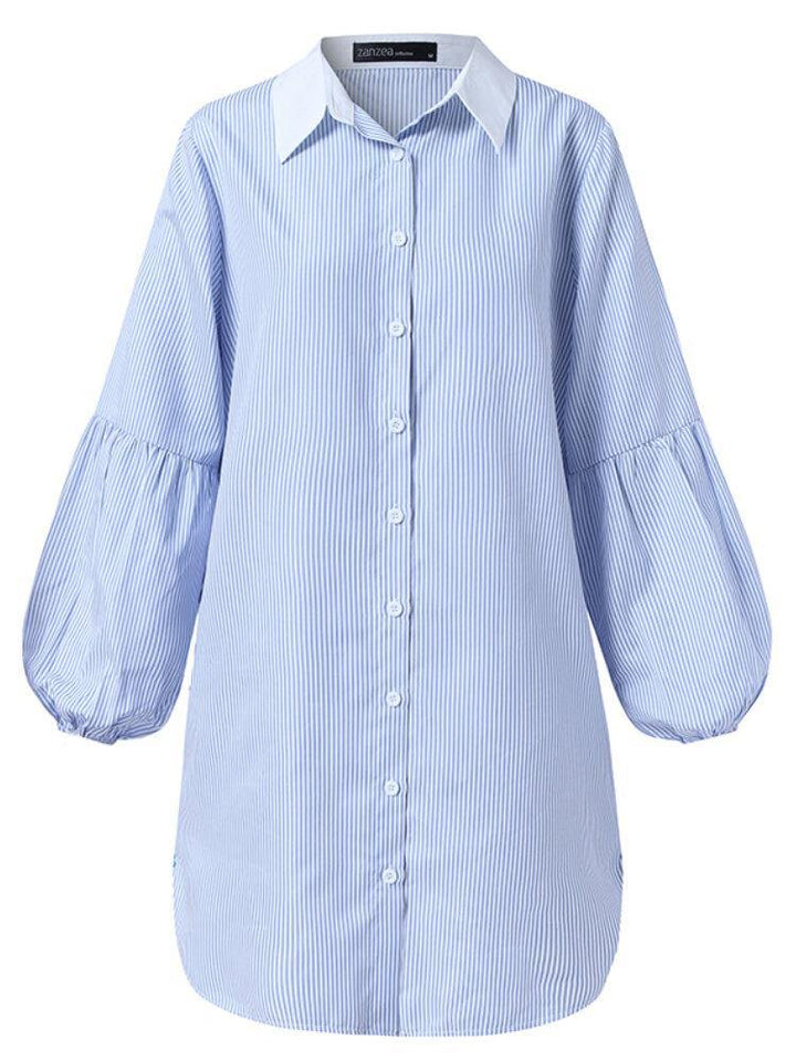 Women Pinstripe Contrast Collar Casual Stitching Sleeve Shirt Dresses - Trendha