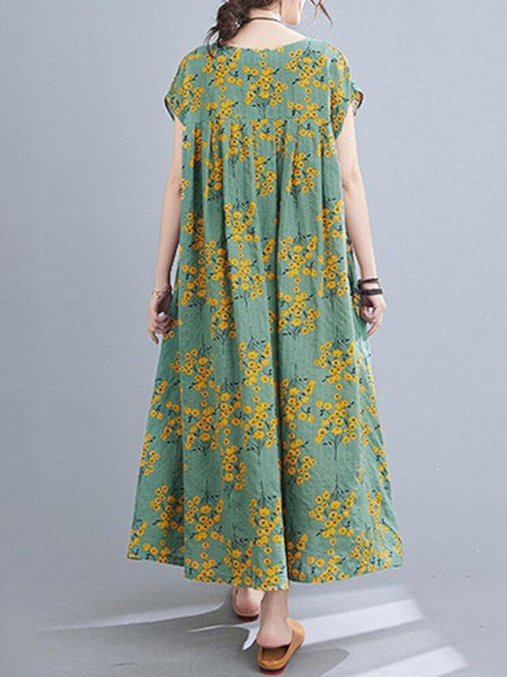 Floral Printed Bohemian Europe Retro Style O-Neck Loose Dress - Trendha