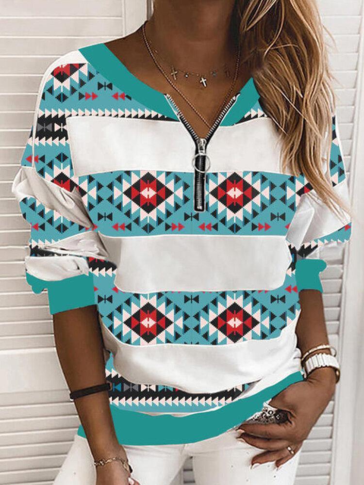Women Geometry Print Half Zipper Front Pullover Ethnic Style Sweatshirt - Trendha