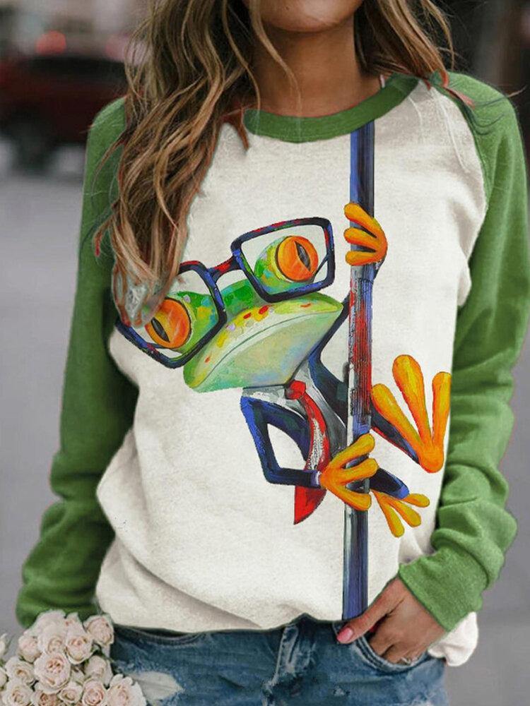 Women Cartoon Frog Print Round Neck Pullover Long Sleeve Sweatshirts - Trendha