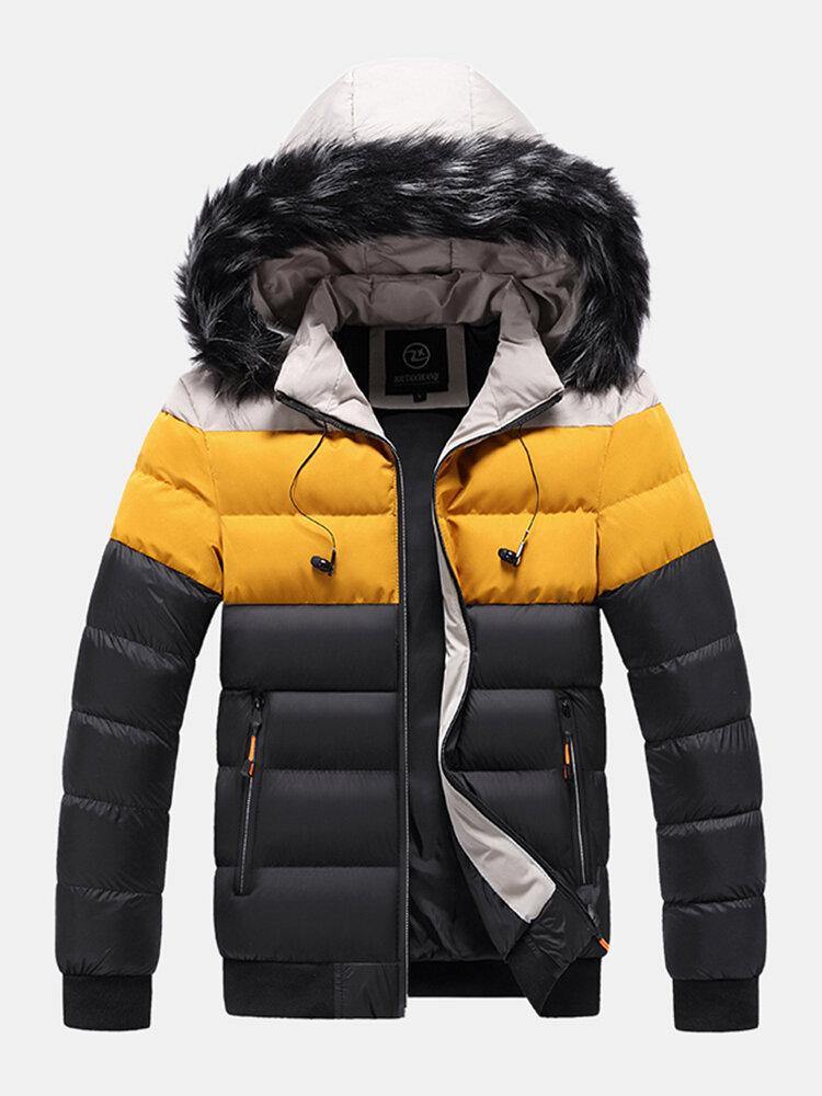 Mens Color Block Patchwork Thick Faux Fur Hooded Puffer Jacket With Pocket - Trendha