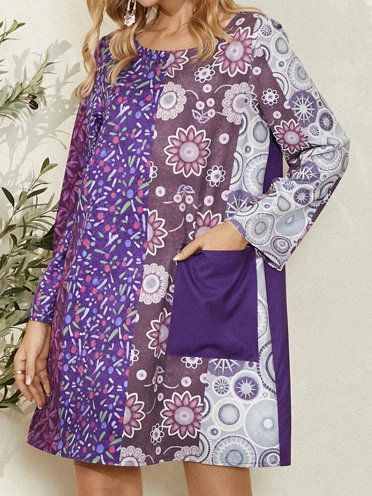Women Ethnic Style Print Colorblock Long Sleeve Mini Dress With Pocket - Trendha
