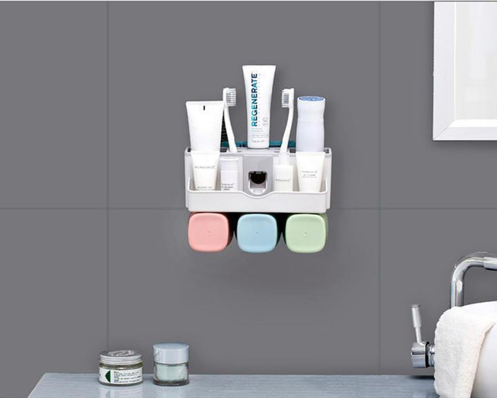 Toothbrush Holder Set Storage Suplies Save Space No Drill Wall Mount Toothpaste Dispenser Multi-Functional Slots Bathroom Strong Traceless Hander - Trendha