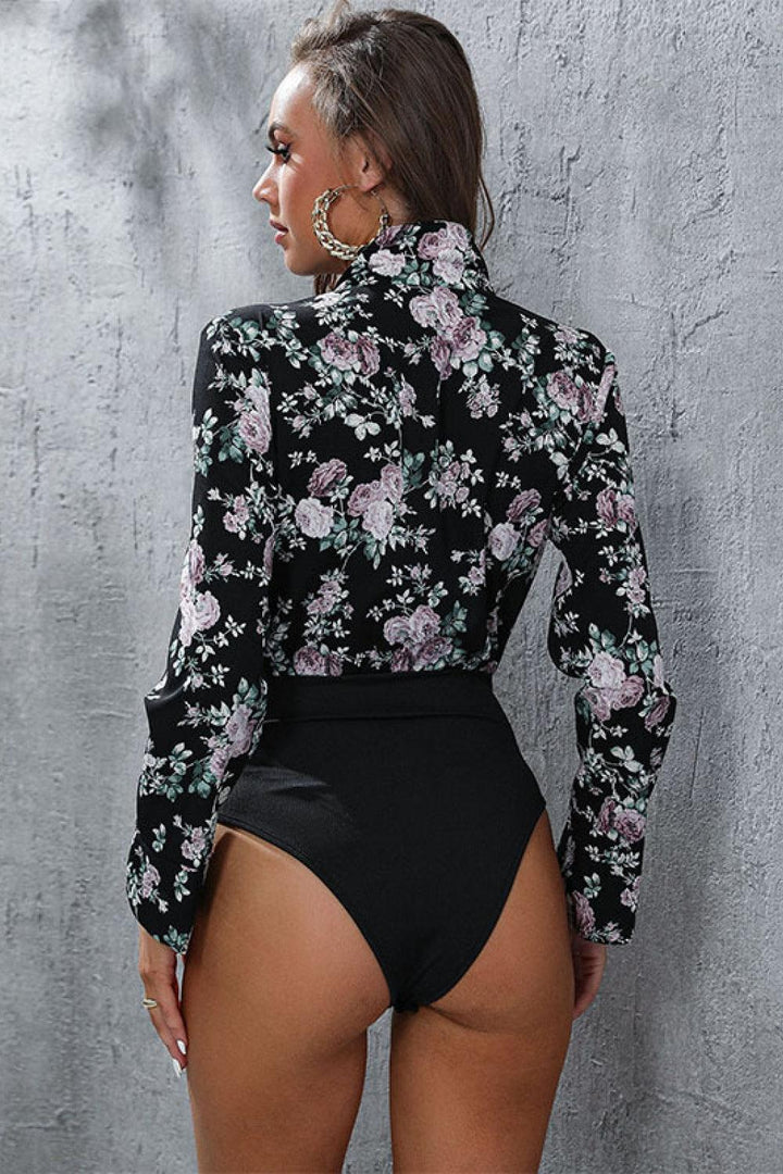 Floral Lapel Collar Spliced Bodysuit - Trendha