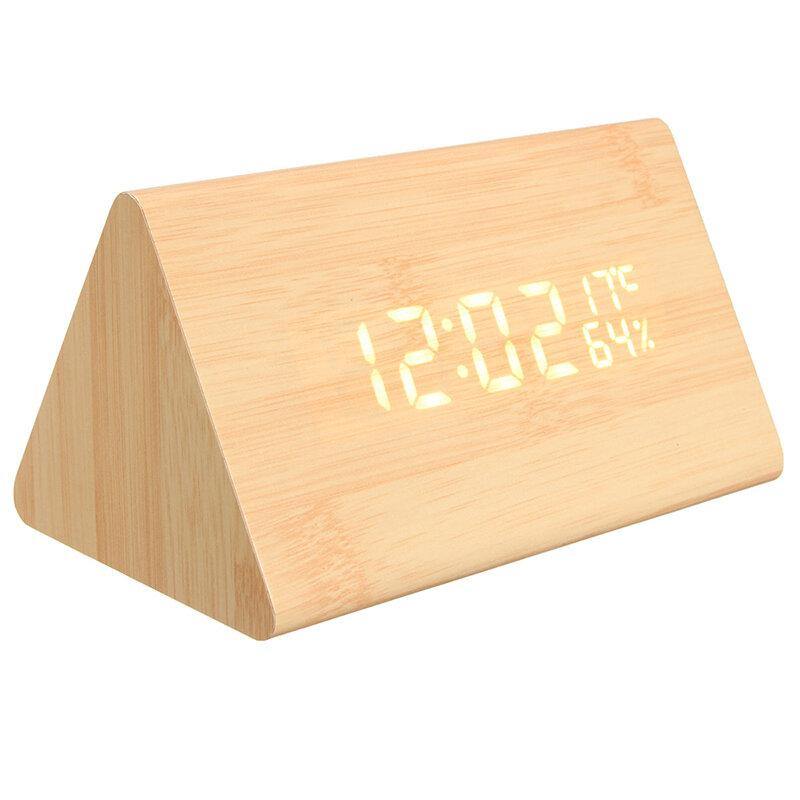 USB Voice Control Wooden Wooden Triangle Temperature LED Digital Alarm Clock Humidity Thermometer - Trendha