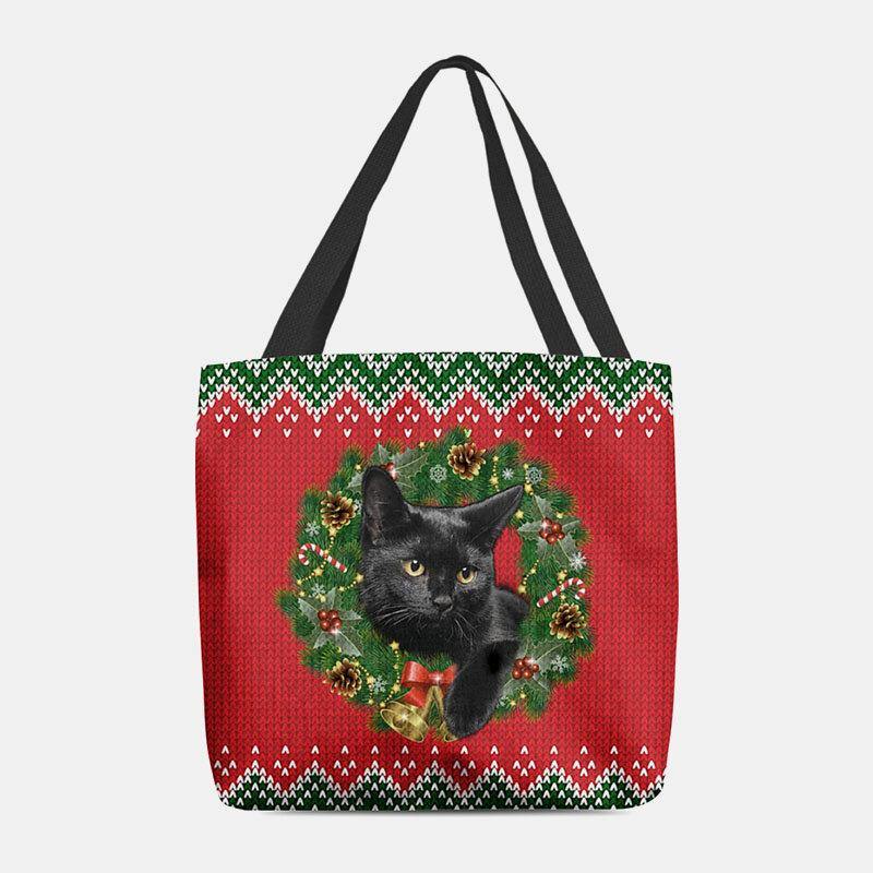 Women Felt Cartoon Festive Classic Color Christmas Wreath Cat Pattern Shoulder Bag Handbag Tote - Trendha