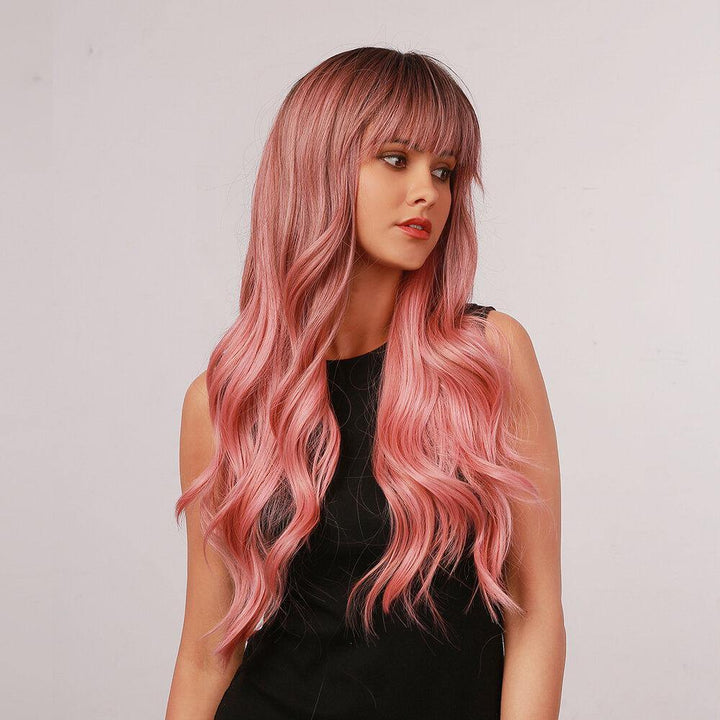 28 Inch Brown Gradient Pink Big Wave Length Curly Hair Air Bangs Christmas Full Head Cover Wig - Trendha