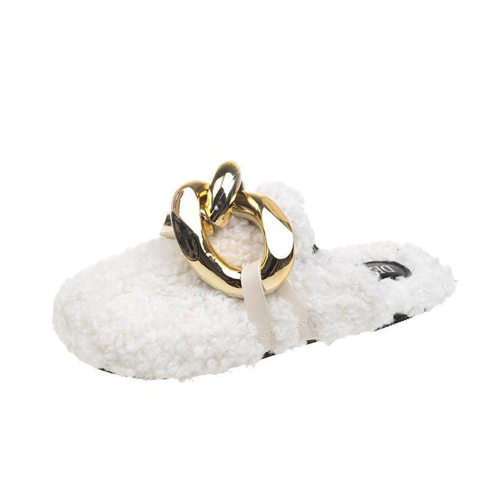 Fur Sandals Autumn Women Furry Wool Mule Slippers With Metal Chain - Trendha