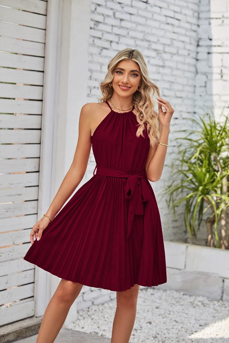 Halter Strapless Dresses For Women Solid Pleated Skirt Summer Beach Sundress - Trendha