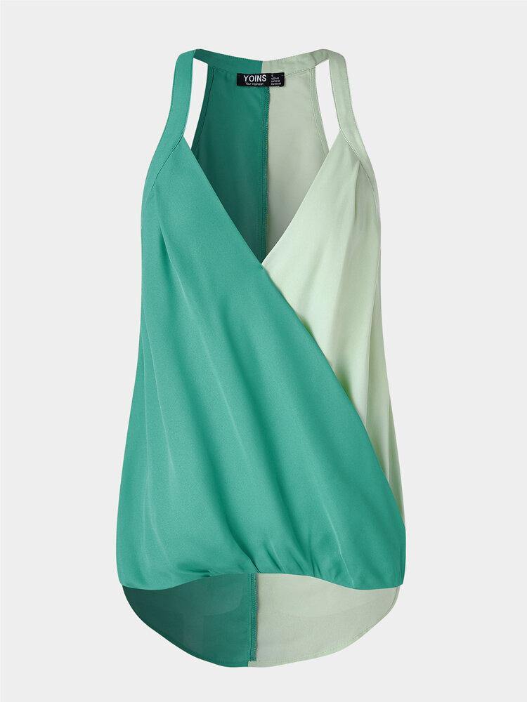 Women Casual Wrap Design Patchwork V-neck Sleeveless Tank Top - Trendha
