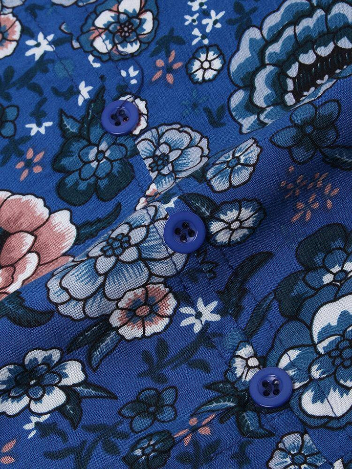 Flower Button Drawstring V-neck Short Sleeve Print Dress For Women - Trendha