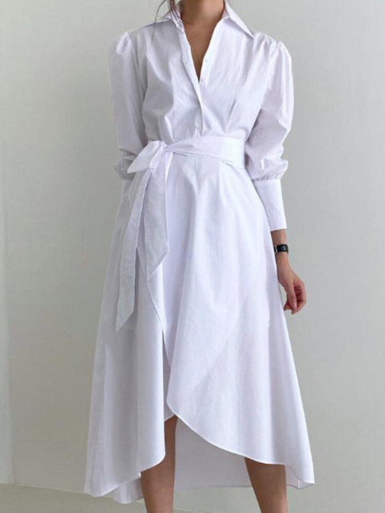Women Vintage Irregular Hem Lapel Solid Color Cotton Lace-Up Long Sleeve Dress - Trendha