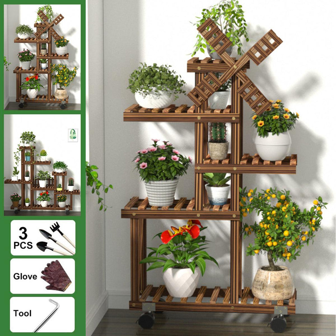 Multi Tier Wooden Plant Flower Stand Plants Shelf Bookshelf Standing Flower Potted Windmill Plant Holder Display Outdoor Decor Planting Tools Kit with Wheel - Trendha