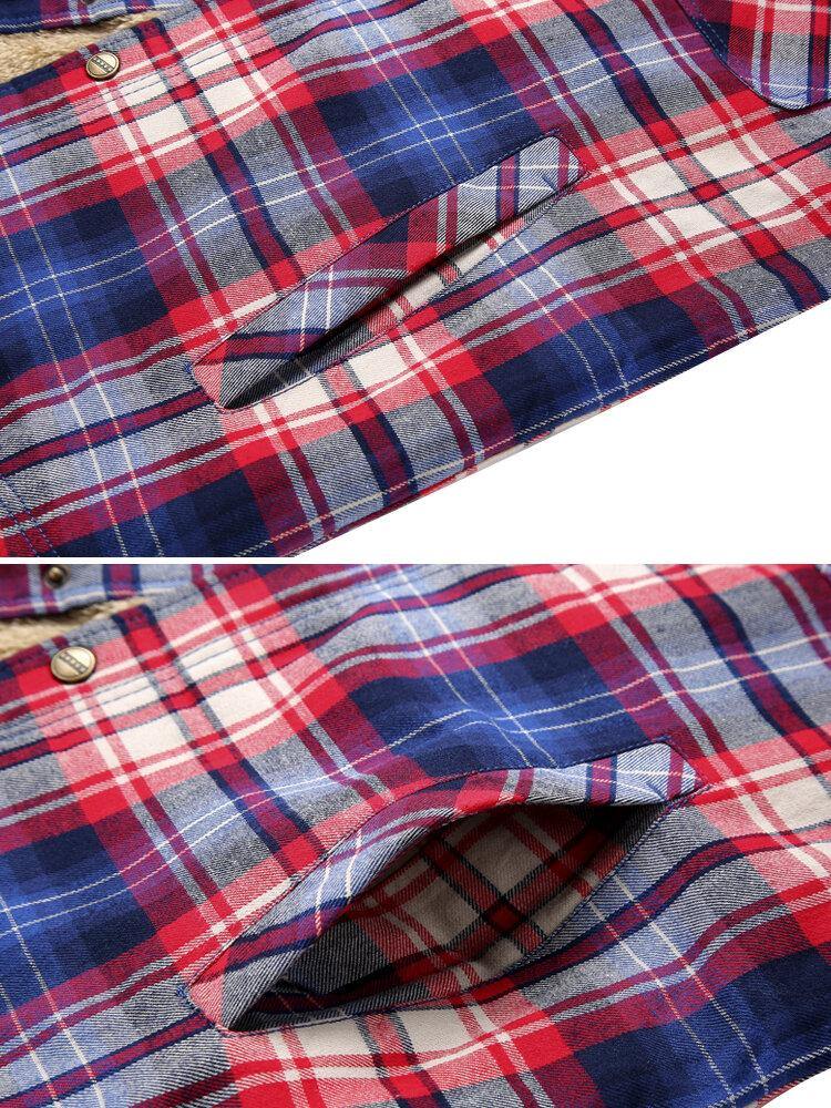 Mens Plaid 100% Cotton Plush Lined Thick Snap Button Shirt Hooded Coats - Trendha