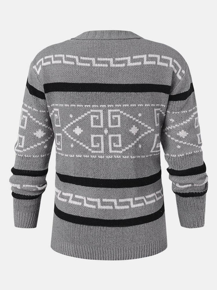 Mens Ethnic Print Zipper Knitted Casual Slim Fit Long Sleeve Cardigan Sweater - Trendha