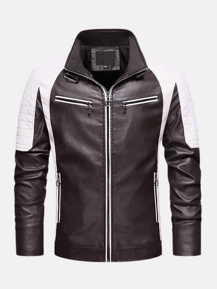 Mens Contrast Patchwork Washed Motorcycle PU Leather Jacket With Pocket - Trendha