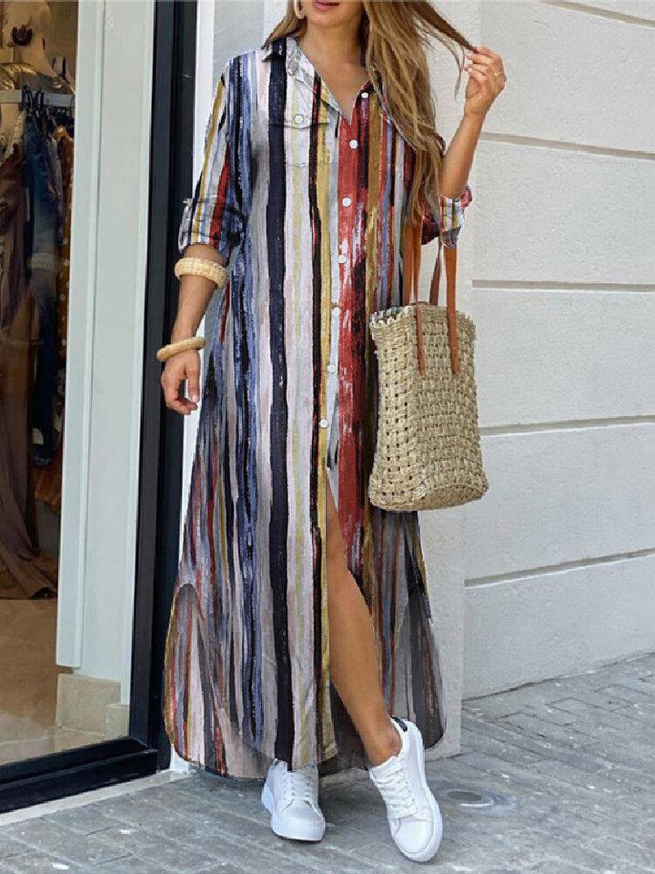 Women Cotton Color Stripe Print Casual Maxi Shirts Dress with Front Pockets - Trendha