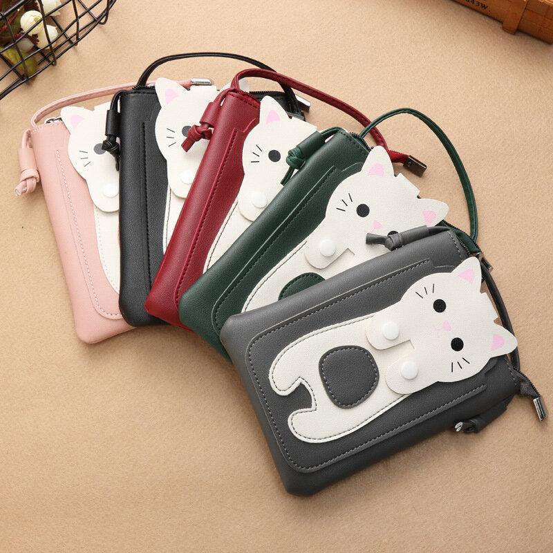 Women Faux Leather Super Cute Cat Kitty Pattern 6.3 Inch Phone Bag Small Storage Bag Crossbody Bag - Trendha