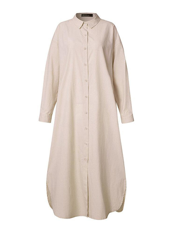 Women 100% Cotton Solid Color Curved Hem Split Lapel Loose Fit Shirt Dress - Trendha