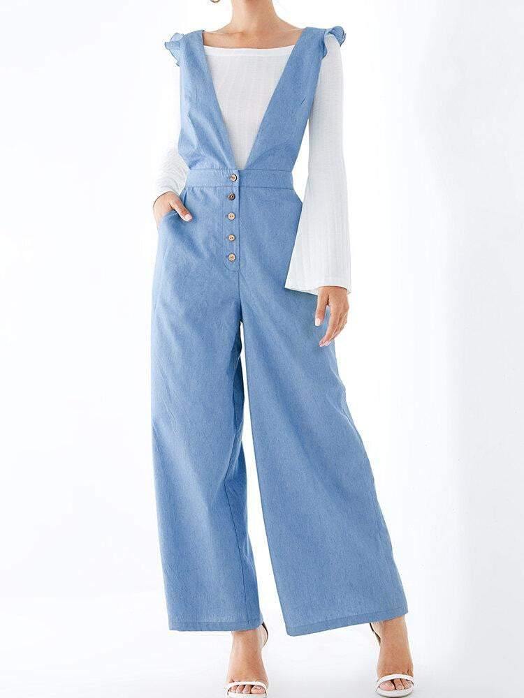 Women Solid Color Plain V-Neck Button Pocket Casual Back Crisscross Jumpsuit - Trendha