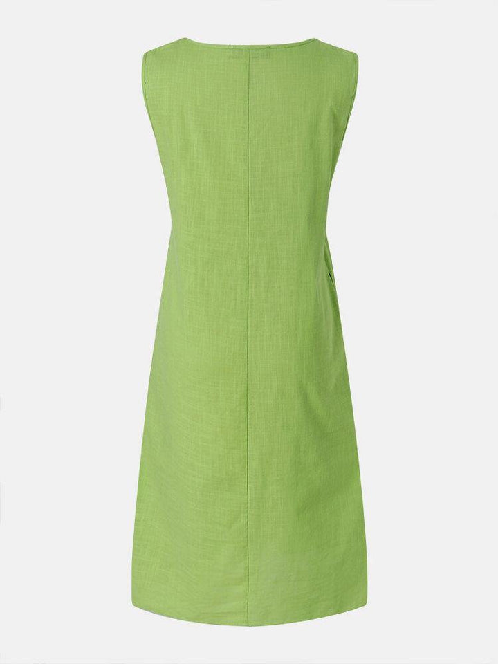 Solid Color Pleated V-Neck Sleeveless Casual Midi Dress With Pocket - Trendha