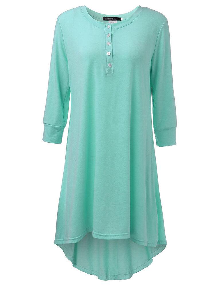 Women Brief Solid Button Irregular Cotton Dress - Trendha