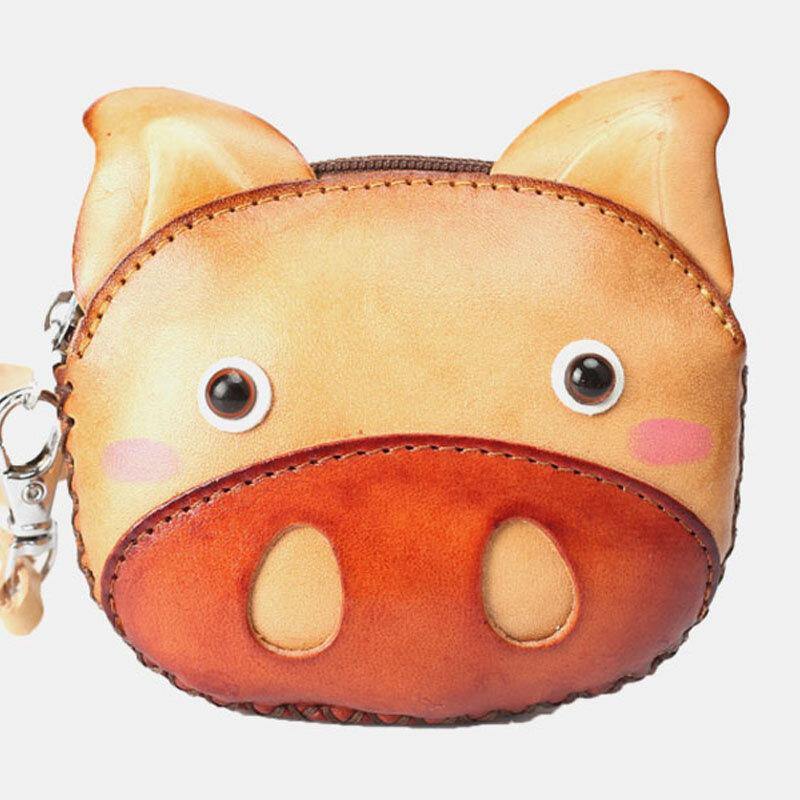 Unisex Genuine Leather Casual Cute Outdoor Cartoon Animal Pig Shape Small Coin Bag Wallet - Trendha