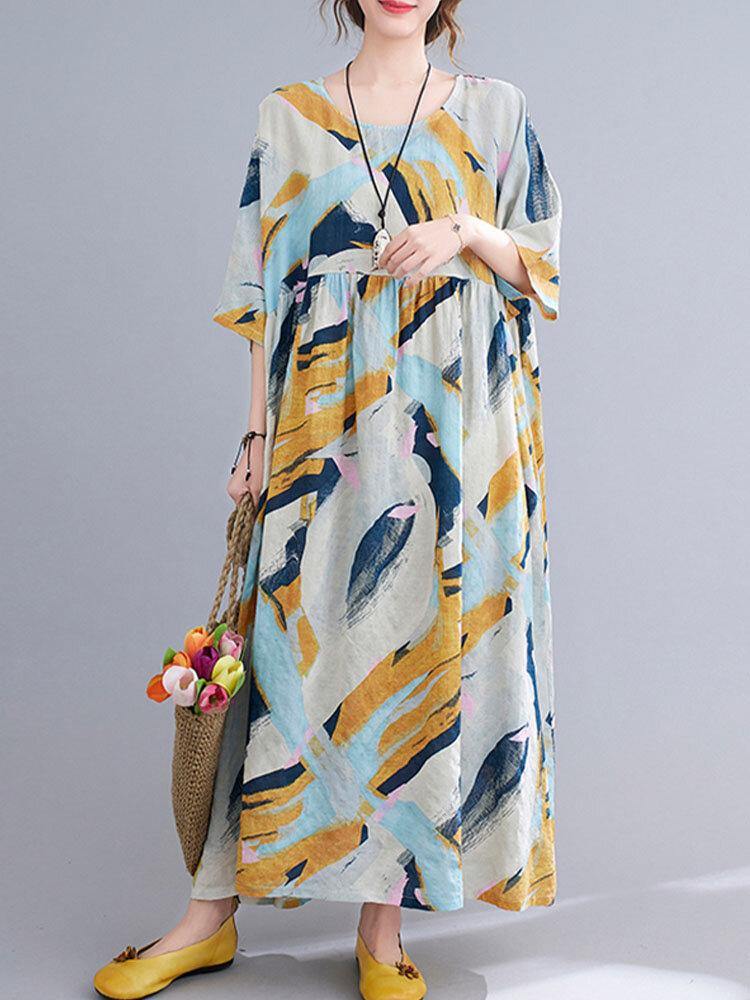 O-Neck Floral Loose Geometric Printed Casual Summer Dress For Women - Trendha