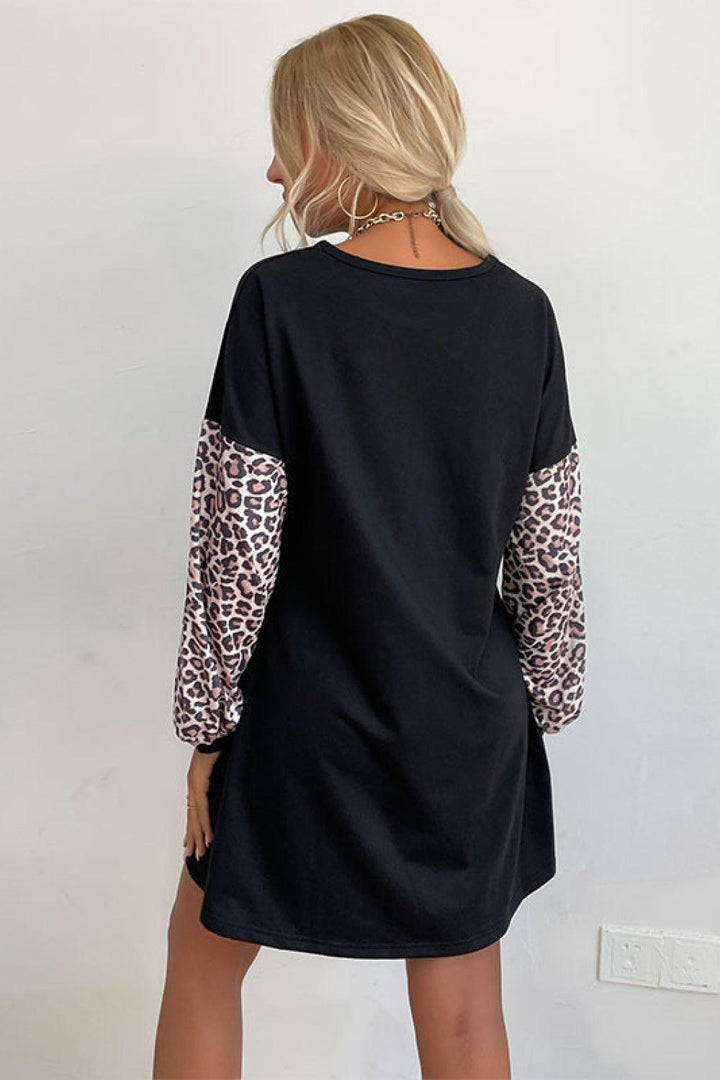 Leopard Print Sleeve Sweatshirt Dress - Trendha