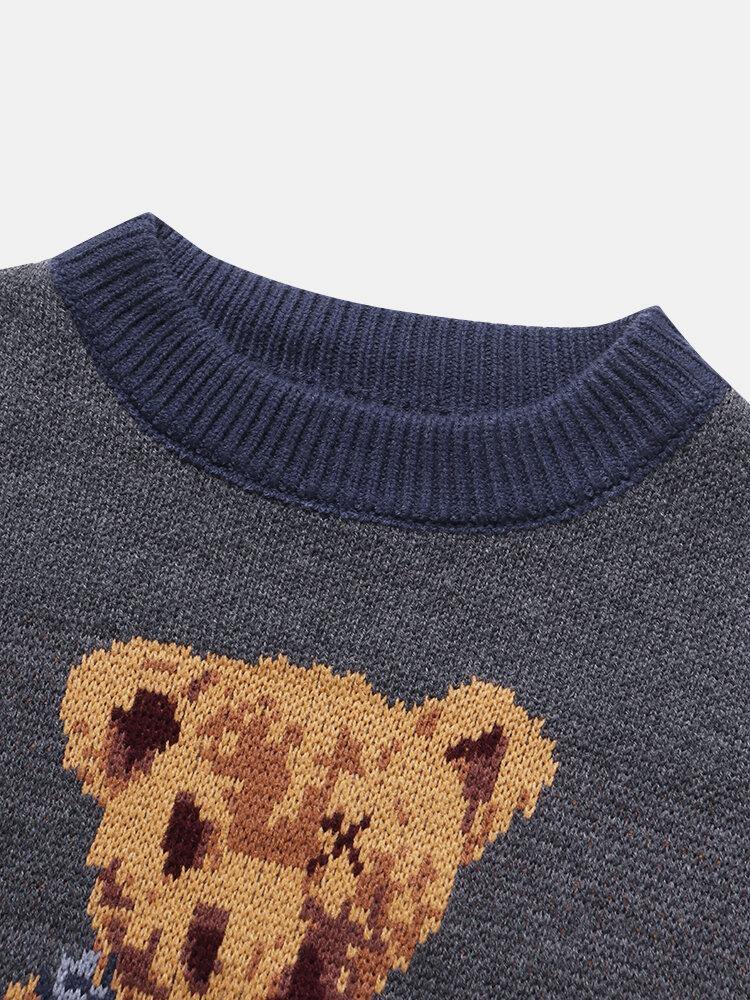 Mens Cartoon Bear Pattern Crew Neck Knit Pullover Sweaters - Trendha