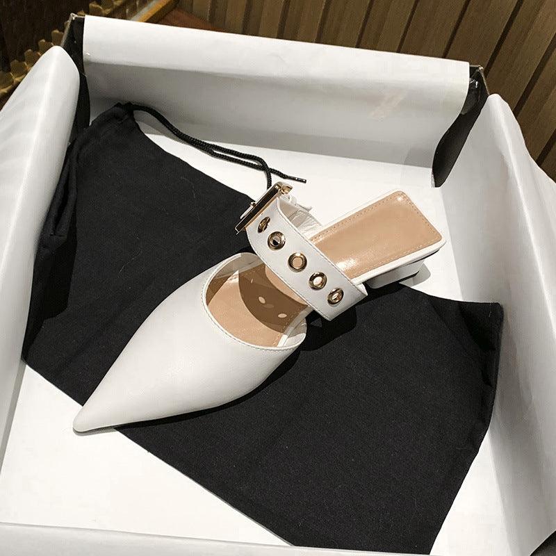 Women's Single Shoes Pointed Toe Sandals Women's Thick Heel Baotou Half Slippers - Trendha