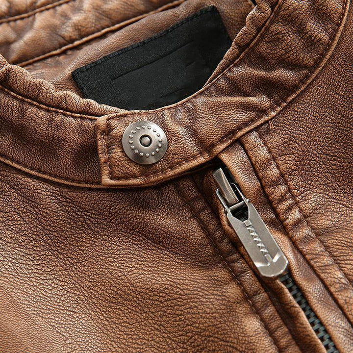 Mens Vintage Stand Collar PU Zippper Practical Pocket Jacket - Trendha