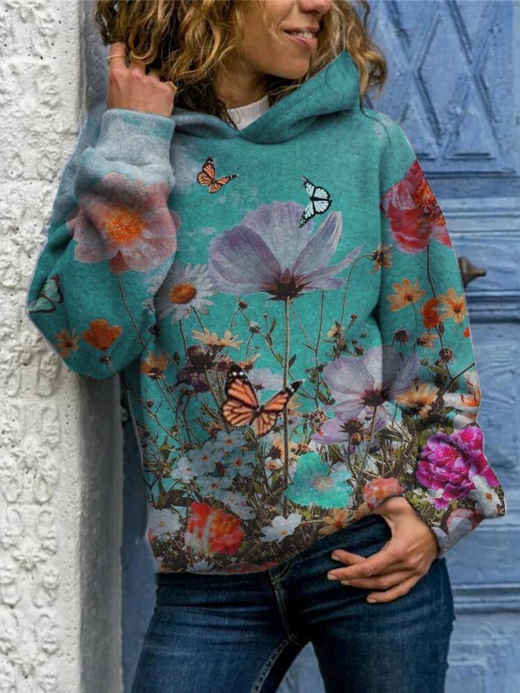 Women Butterfly Flower Print Long Sleeve Casual Pullover Hoodies - Trendha