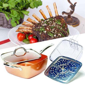 4 Piece/ Set Copper Square Frying Pan Induction For Chef Glass Lid Fry Basket Steam Rack - Trendha
