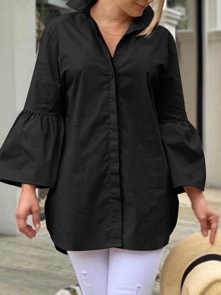 Women Solid Concealed Button Lapel Side Split Flared Sleeve Casual Shirts - Trendha